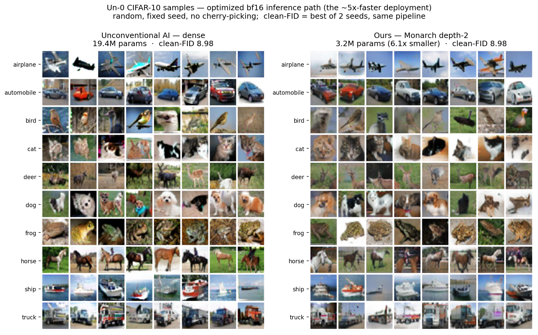 Grid of CIFAR-10 class-conditional samples: released dense model on the left, depth-2 Monarch model on the right, same seed, both at clean-FID 8.98.